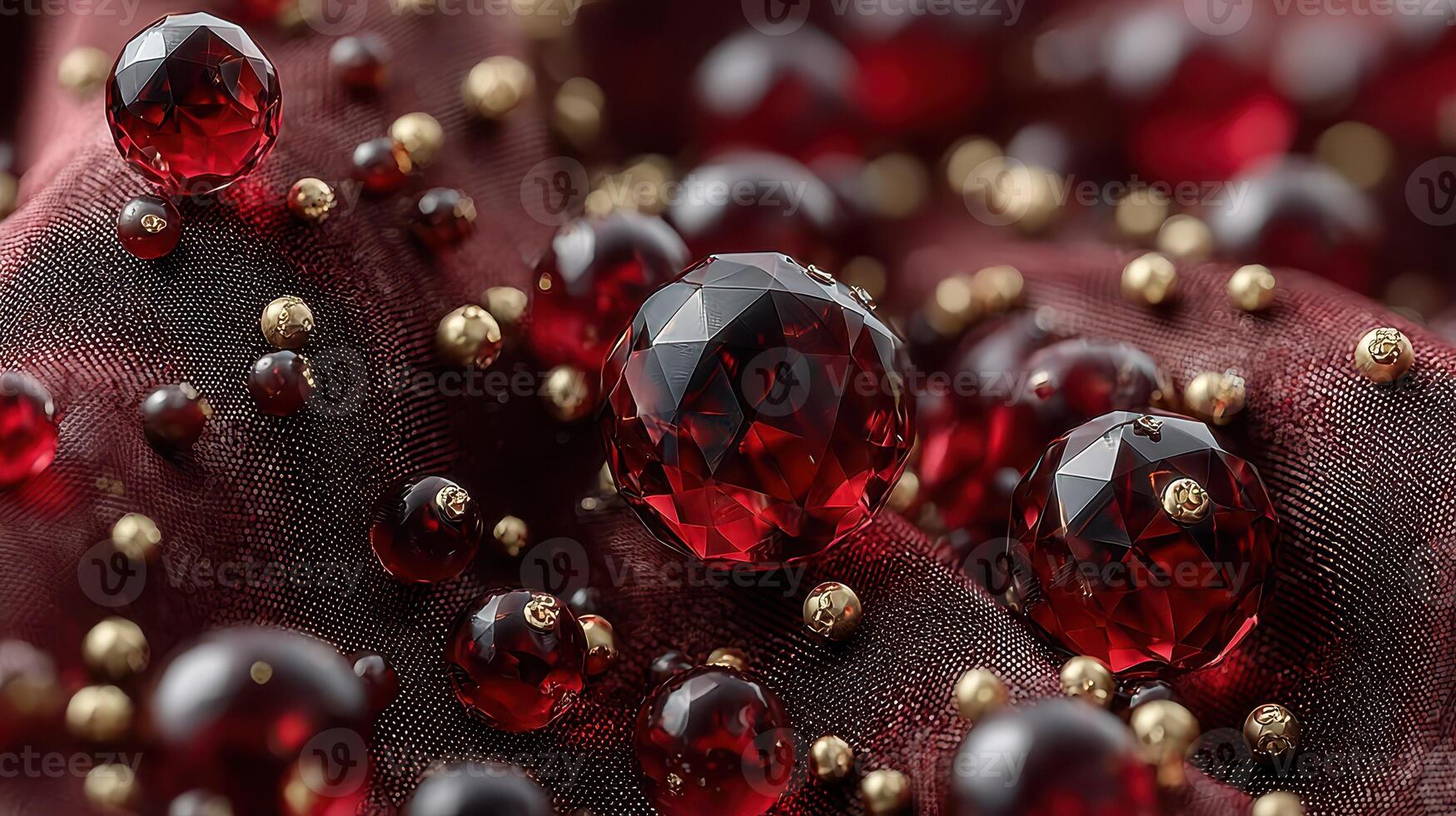 Beautifully arranged red gemstones and beads on deep burgundy fabric create an elegant composition with texture and shine photo