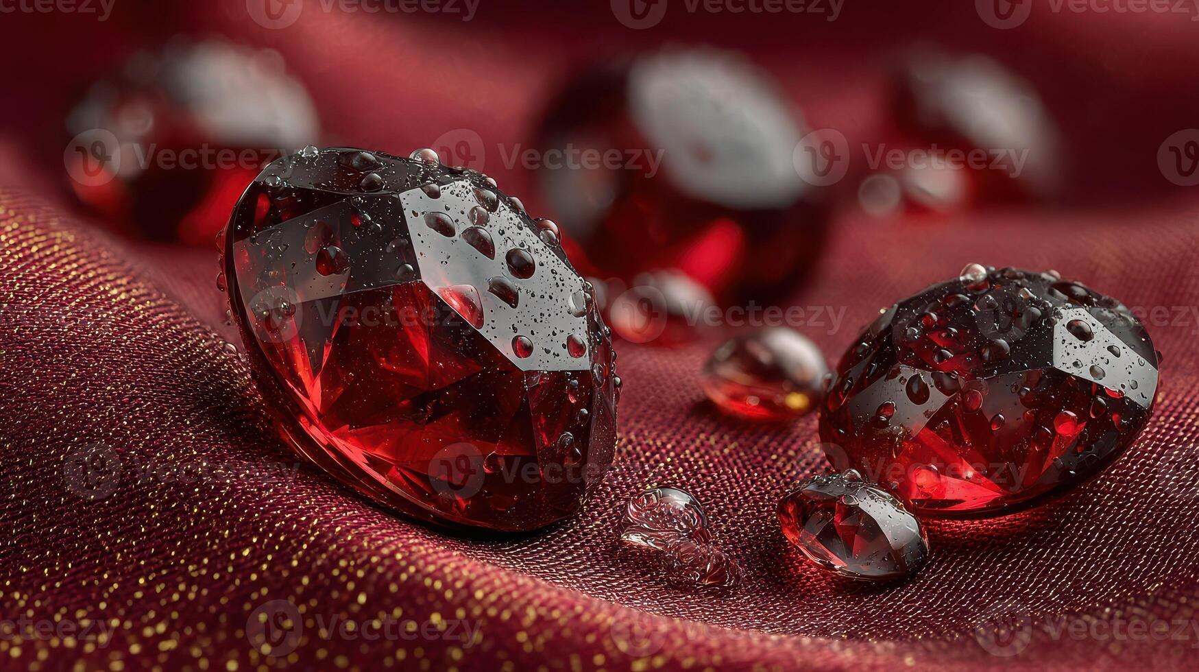 Sparkling red gemstones displayed on luxurious velvet fabric with droplets of water in soft lighting photo