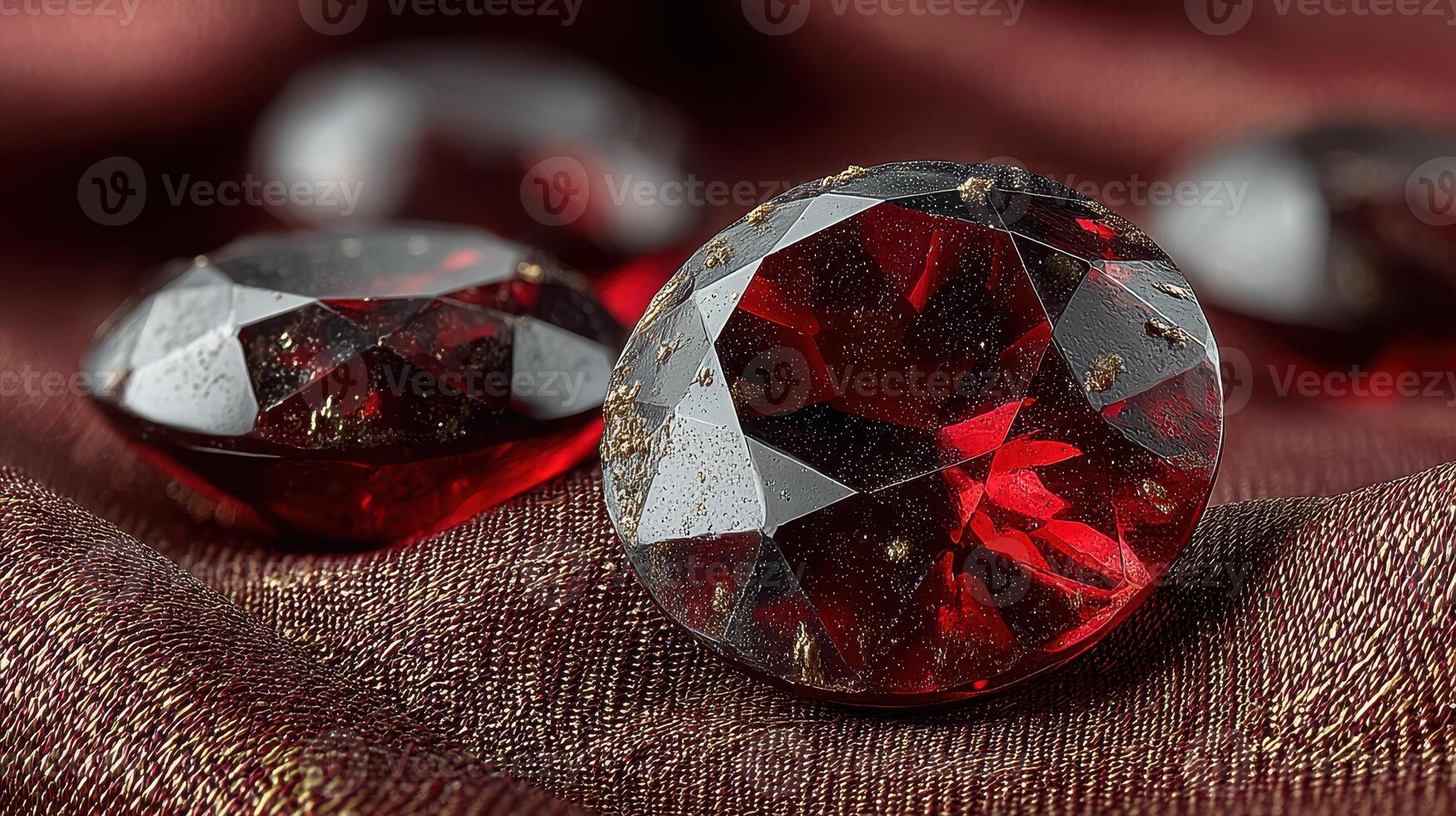 Glimmering red gemstones placed elegantly on rich, textured fabric during a soft, diffused light setting photo