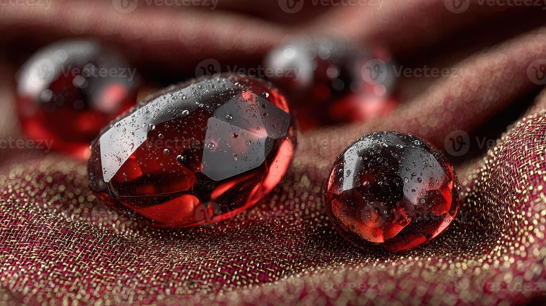 Red glass orbs resting on a textured fabric background with droplets of water glistening in soft light photo