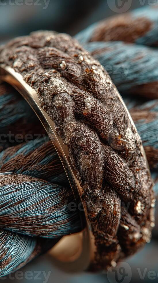 Unique braided ring intertwined with textured blue and brown rope displayed on a contrasting background photo