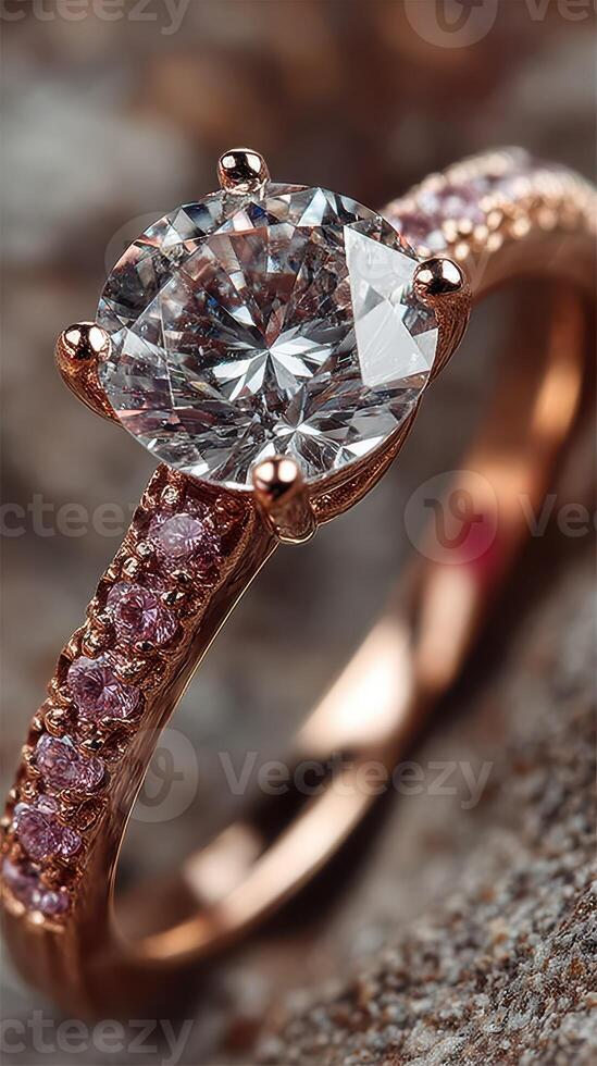 Stunning diamond engagement ring with pink gemstones sparkling under soft lighting photo