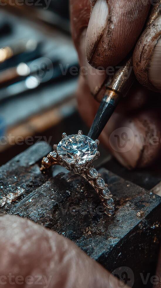 Craftsperson creating a handcrafted diamond ring at a workshop with detailed precision and skill photo