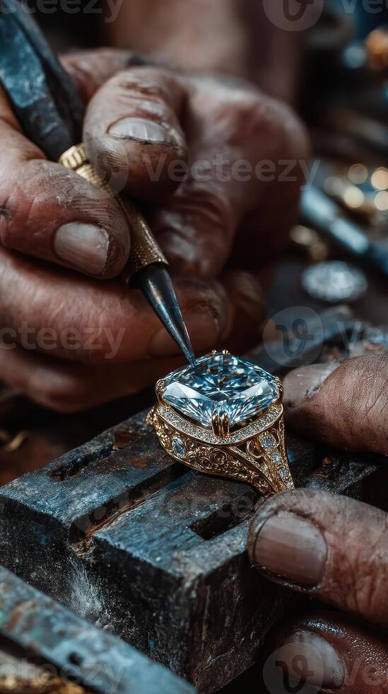 Skilled artisan crafting an intricate gemstone ring in a workshop filled with tools and materials photo