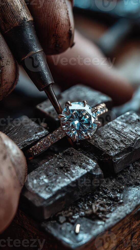 Craftsmanship shines as artisan works on a diamond engagement ring in a workshop setting photo