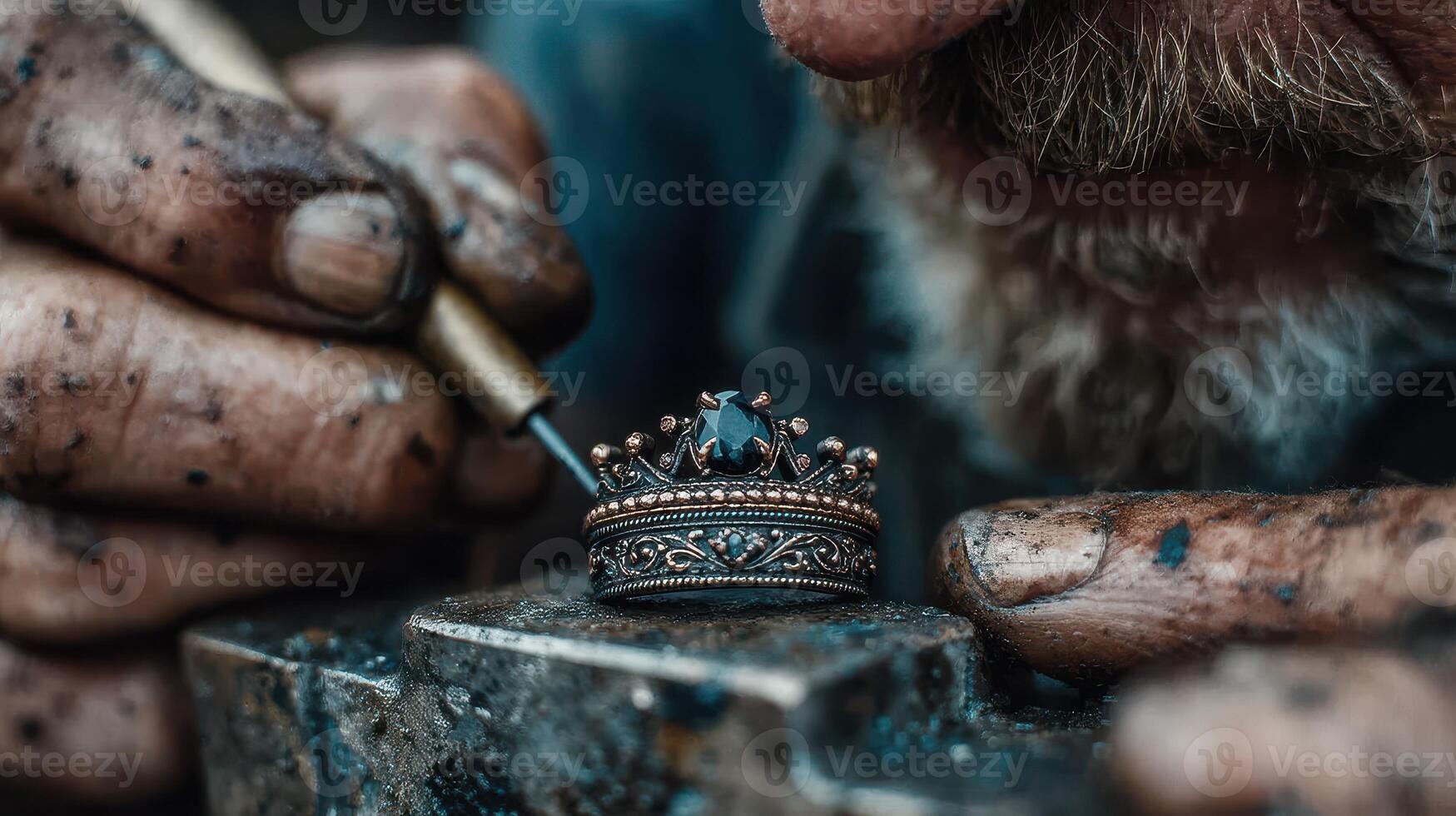 Skilled artisan carefully crafting an ornate ring with a gemstone in a workshop filled with tools and materials photo