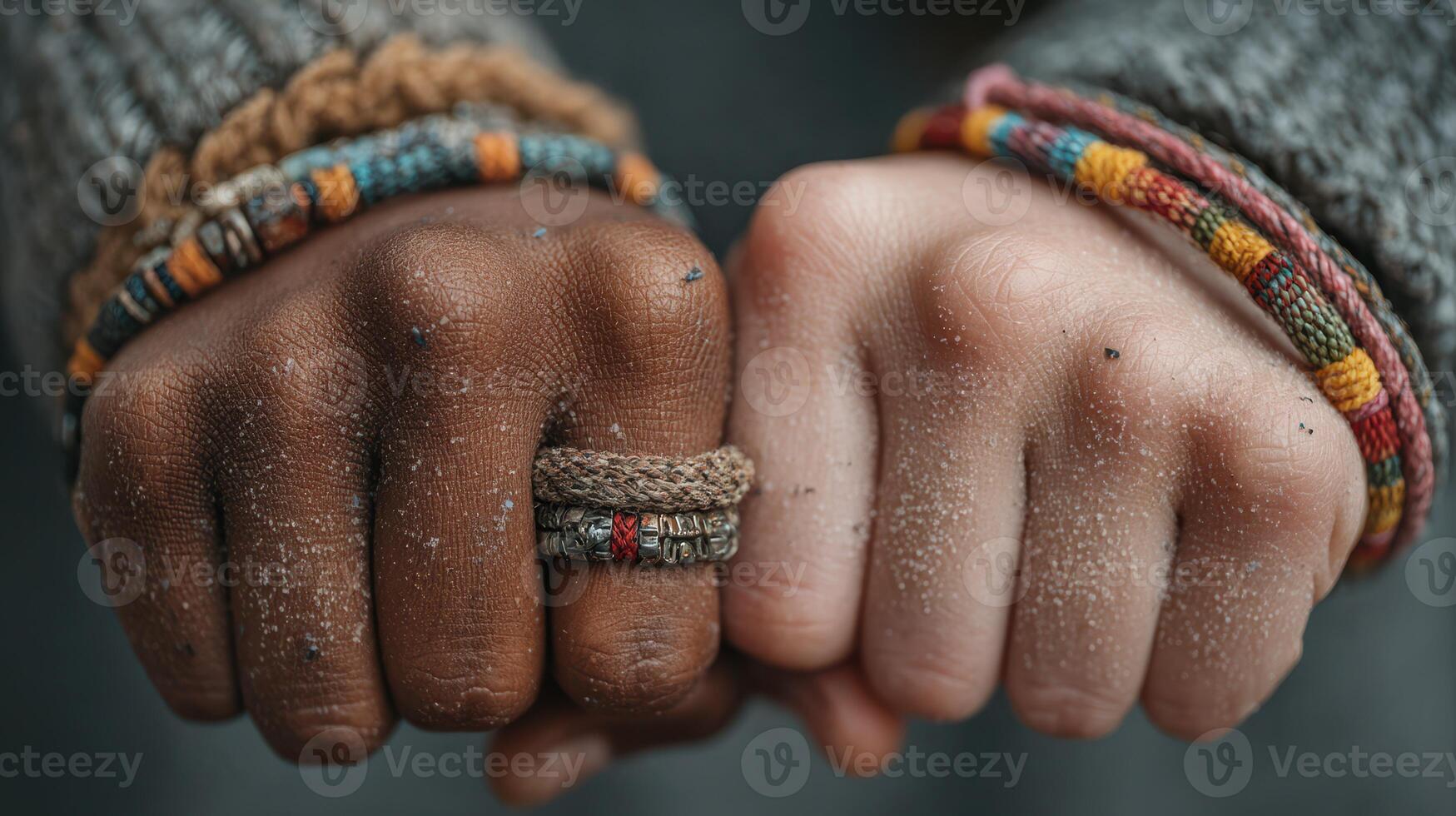 Hands of friendship displayed with colorful bracelets on a sandy beach during a sunny day photo