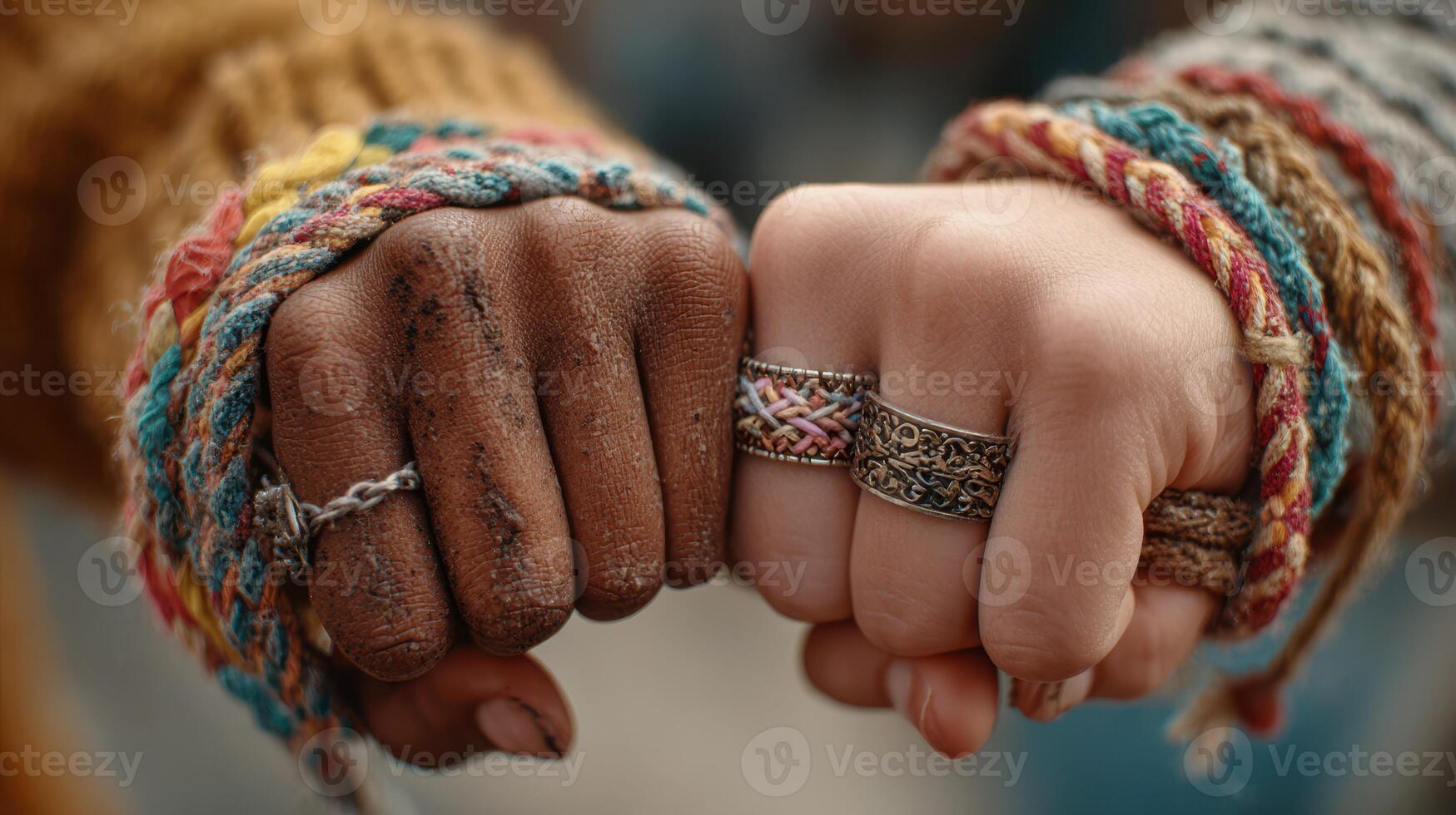 Colorful friendship bracelets represent bond between two diverse individuals at a vibrant community event photo