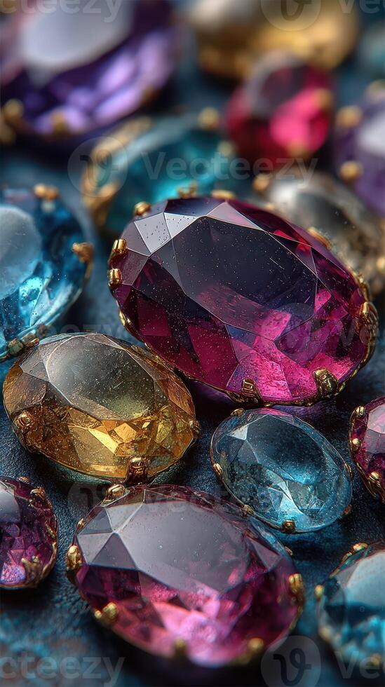 Colorful array of gemstones displayed on a textured surface captures intricate details and vibrant hues photo