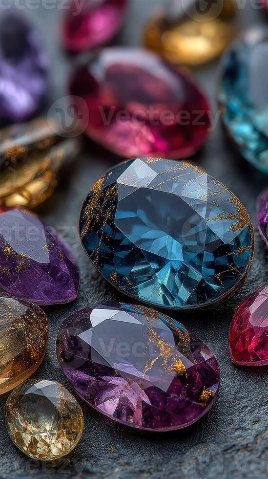 Collection of assorted gemstones showcasing vibrant colors and intricate cut patterns on a textured surface photo