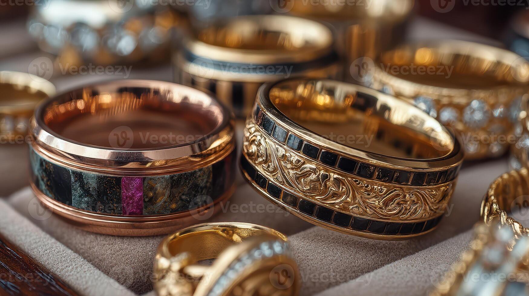 Elegant collection of unique rings showcasing detailed craftsmanship and diverse materials for jewelry enthusiasts in a market setting photo