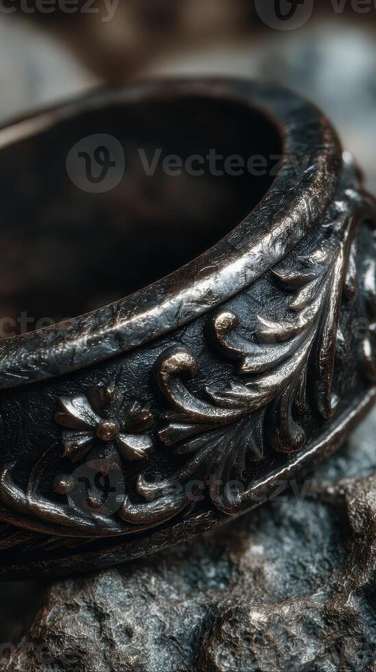 Intricate metallic ring resting on textured stone surface showcasing floral designs and craftsmanship photo