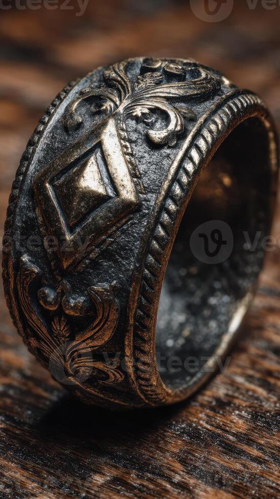 Intricate handcrafted ring with detailed design resting on a wooden surface photo