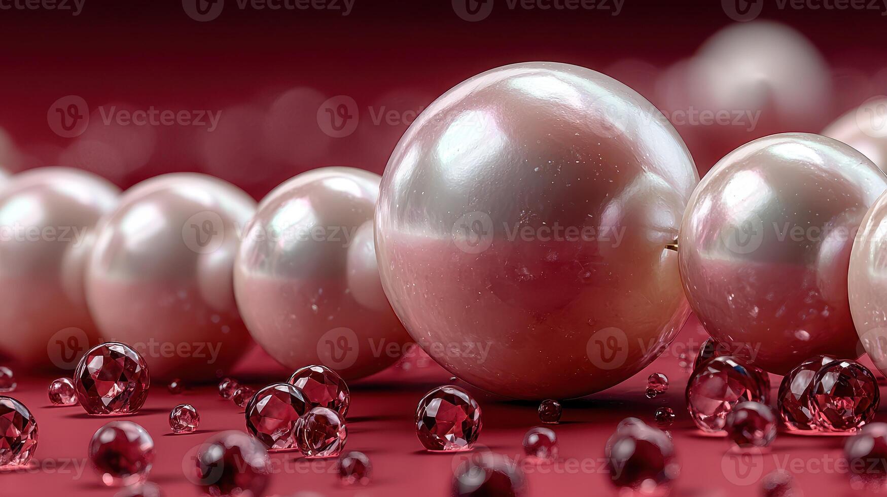 Collection of shiny pearls and glass beads arranged on a rich red background highlighting their elegance and beauty photo