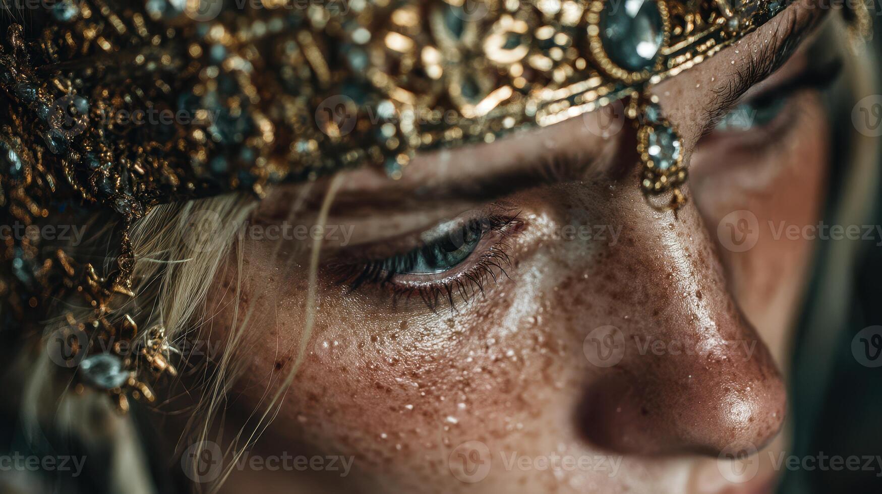 Close-up of a woman with intricate jewelry highlighting her features and expressing a deep, contemplative emotion photo