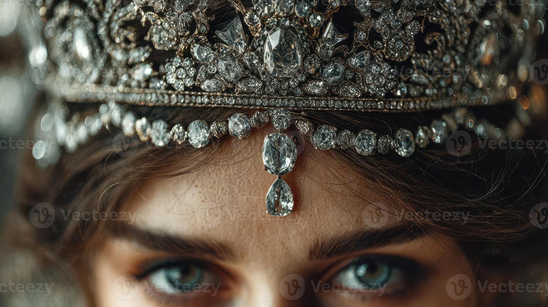Young woman showcasing an intricate crown with sparkling jewels in a close-up setting, highlighting her piercing blue eyes photo