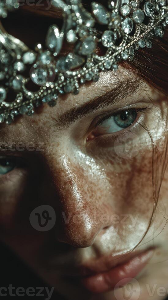 Close-up of a young person with sparkling tiara highlighting unique freckles and expressive blue eyes during an artistic portrait session photo