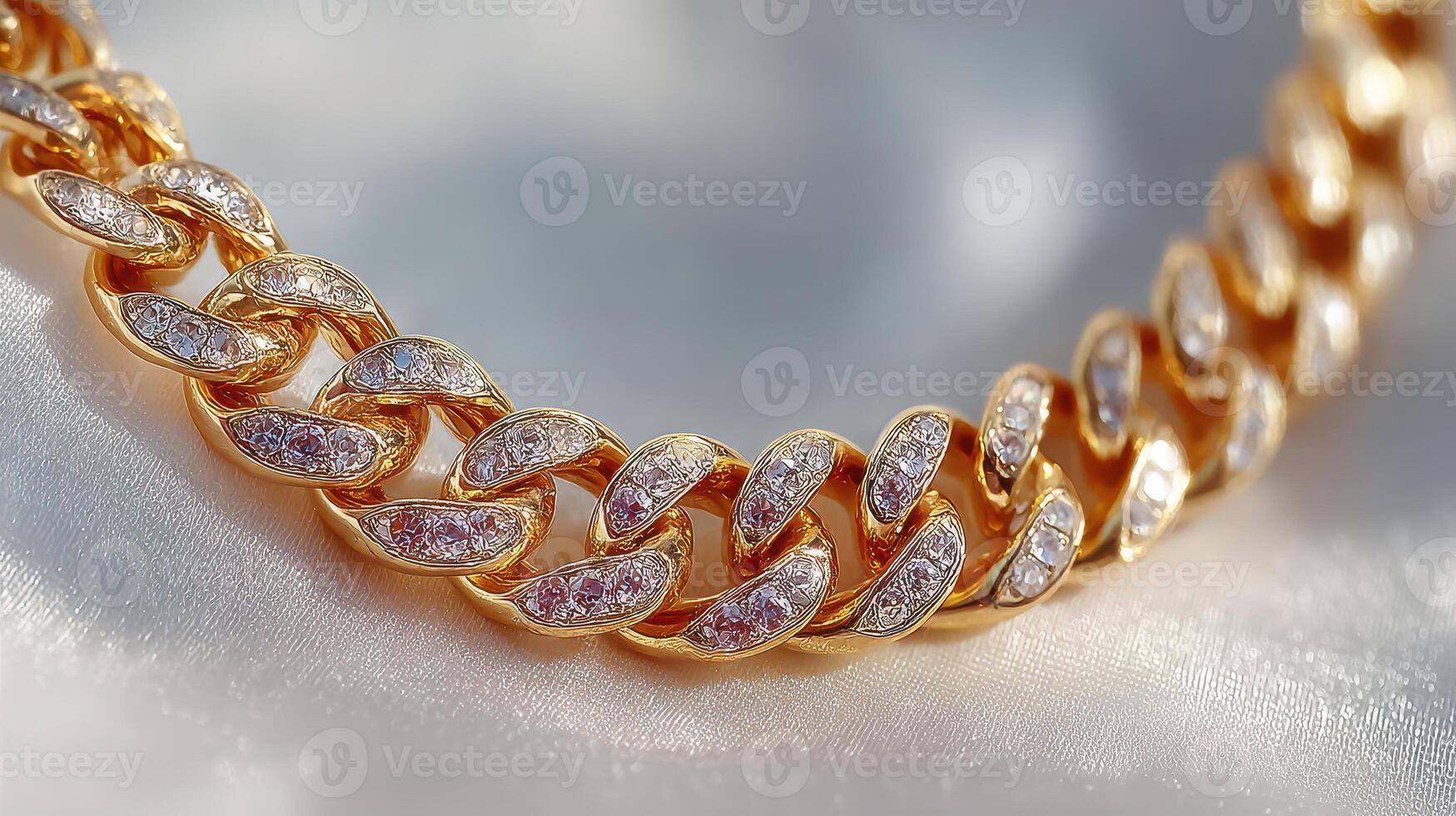 Golden chain with sparkling diamonds displayed on a soft fabric surface showcasing luxury and craftsmanship photo
