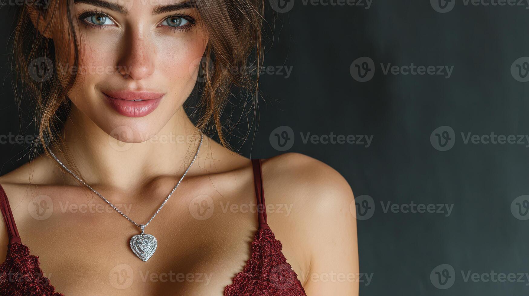 Young woman poses elegantly, showcasing a silver heart necklace against a dark background photo