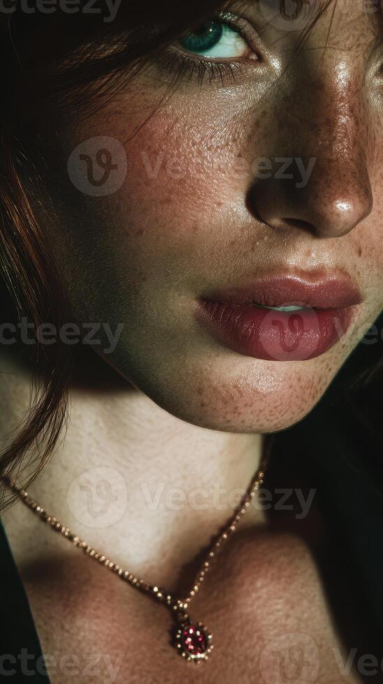 Close-up of a young woman showcasing her natural beauty with freckles and plush lips captured in soft lighting photo