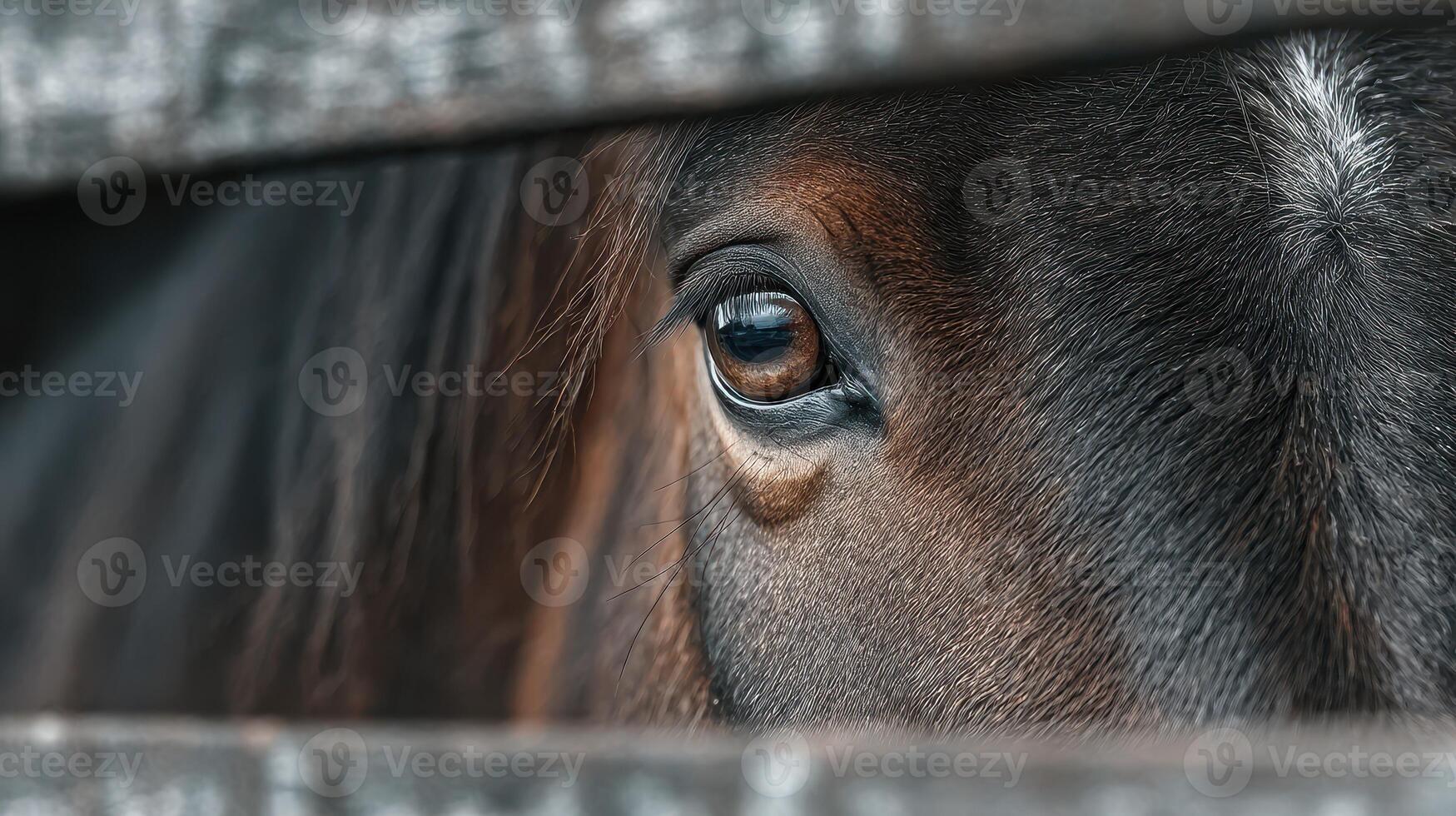Close-up of a horse's eye revealing deep expression in a rustic wooden setting photo