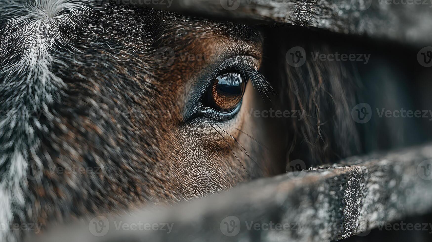 Close-up view of a horse's eye, captured through wooden slats during early morning light in a rural stable setting photo