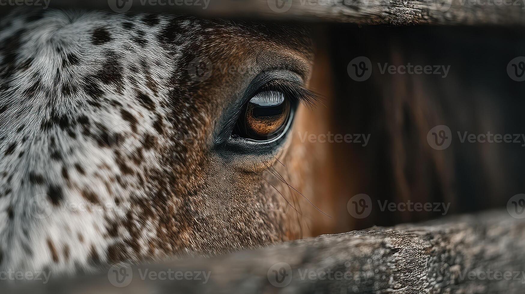 Close-up view of a horse eye peeking through wooden slats in a barn during daylight hours photo
