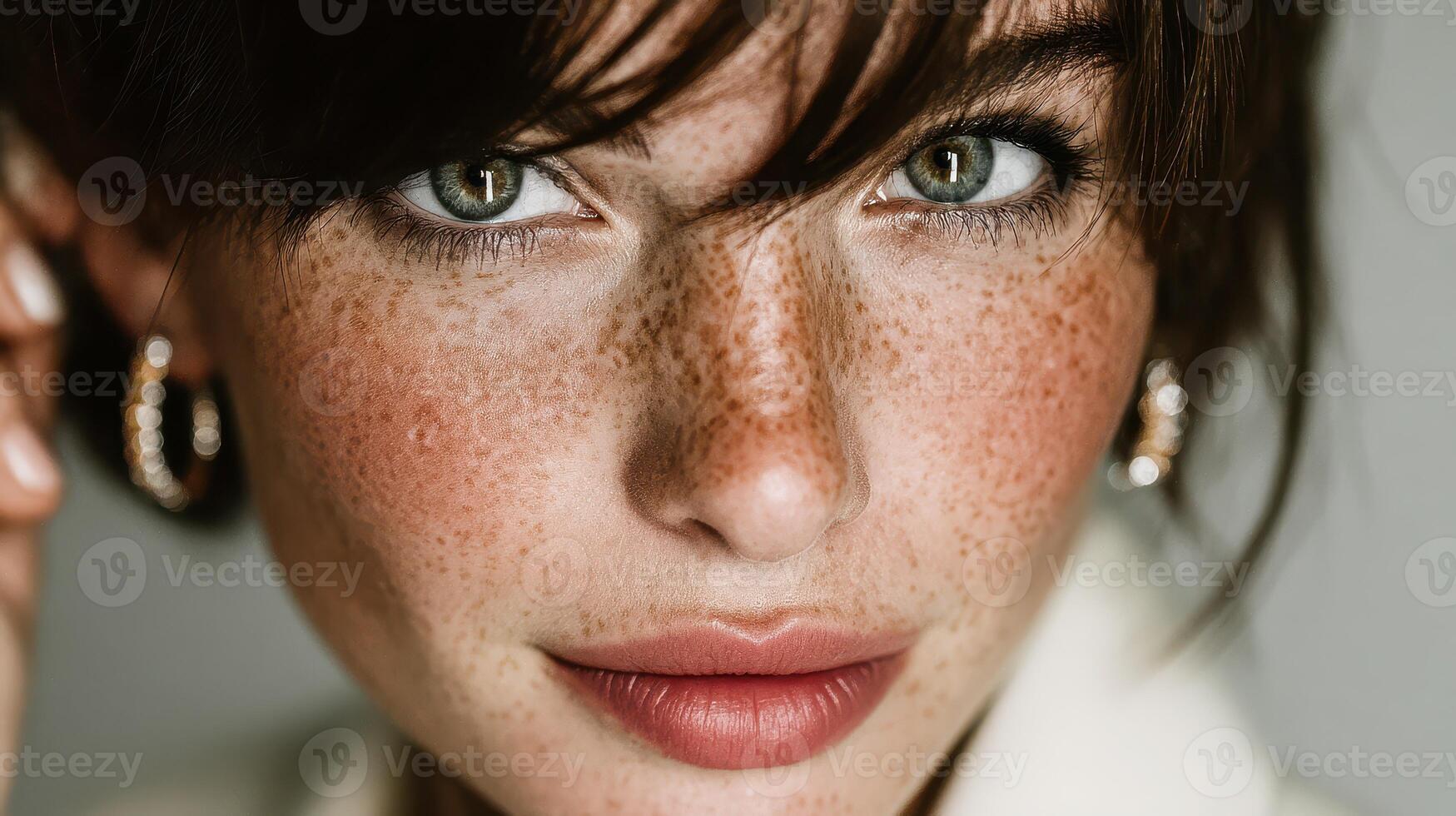 Close-up portrait of a woman with striking freckles and piercing eyes in soft lighting photo