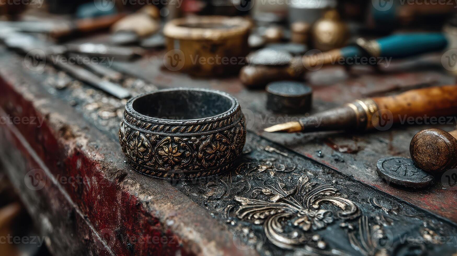 Craftsman showcases intricate metalworking tools and a beautifully crafted ring in a workshop filled with artistic supplies photo