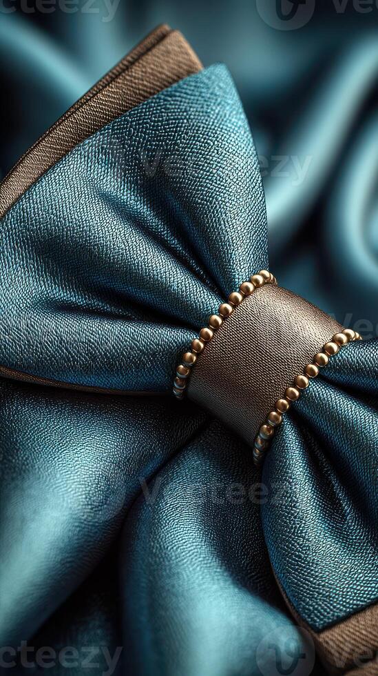 Stunning blue satin bow with intricate details on luxurious fabric elements and texture photo