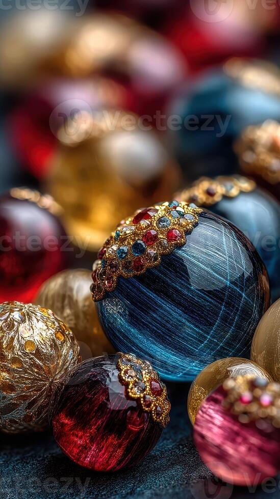 Colorful decorative beads with intricate designs arranged artfully on a dark surface photo