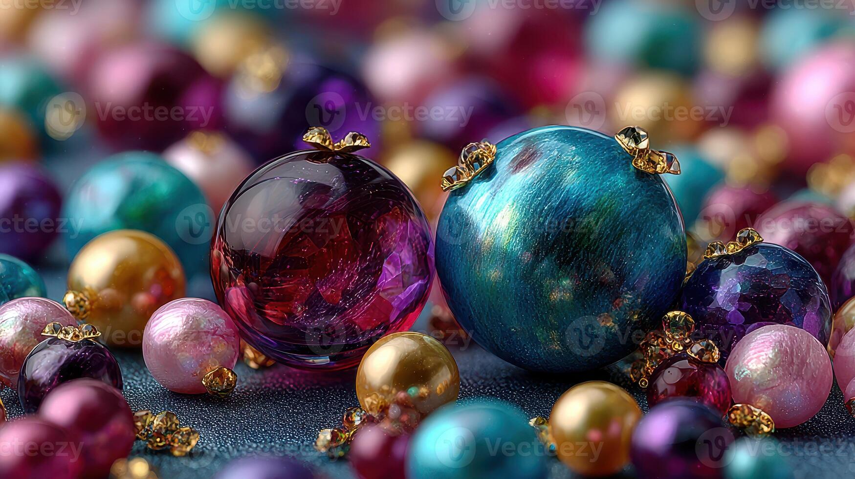 Colorful decorative ornaments scattered on a textured surface, showcasing various sizes and styles in vibrant hues photo