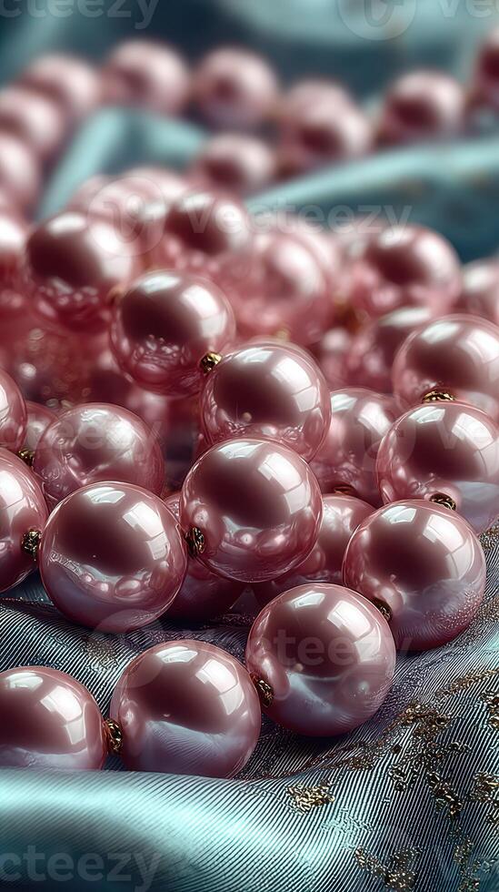 Pink pearls scattered on a soft fabric surface, creating an elegant and luxurious atmosphere in a close-up view photo