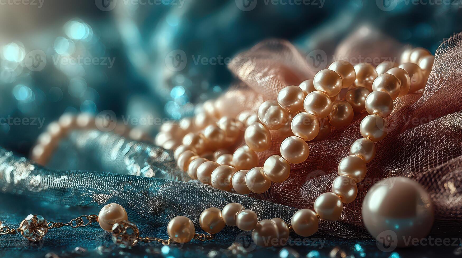 Elegant display of pearls and delicate fabrics arranged on a rich blue background at a jewelry showcase photo