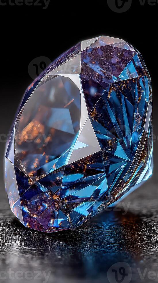 Beautiful blue gemstone sparkling under soft light in a close-up view showcasing its facets and brilliance at an art exhibition photo