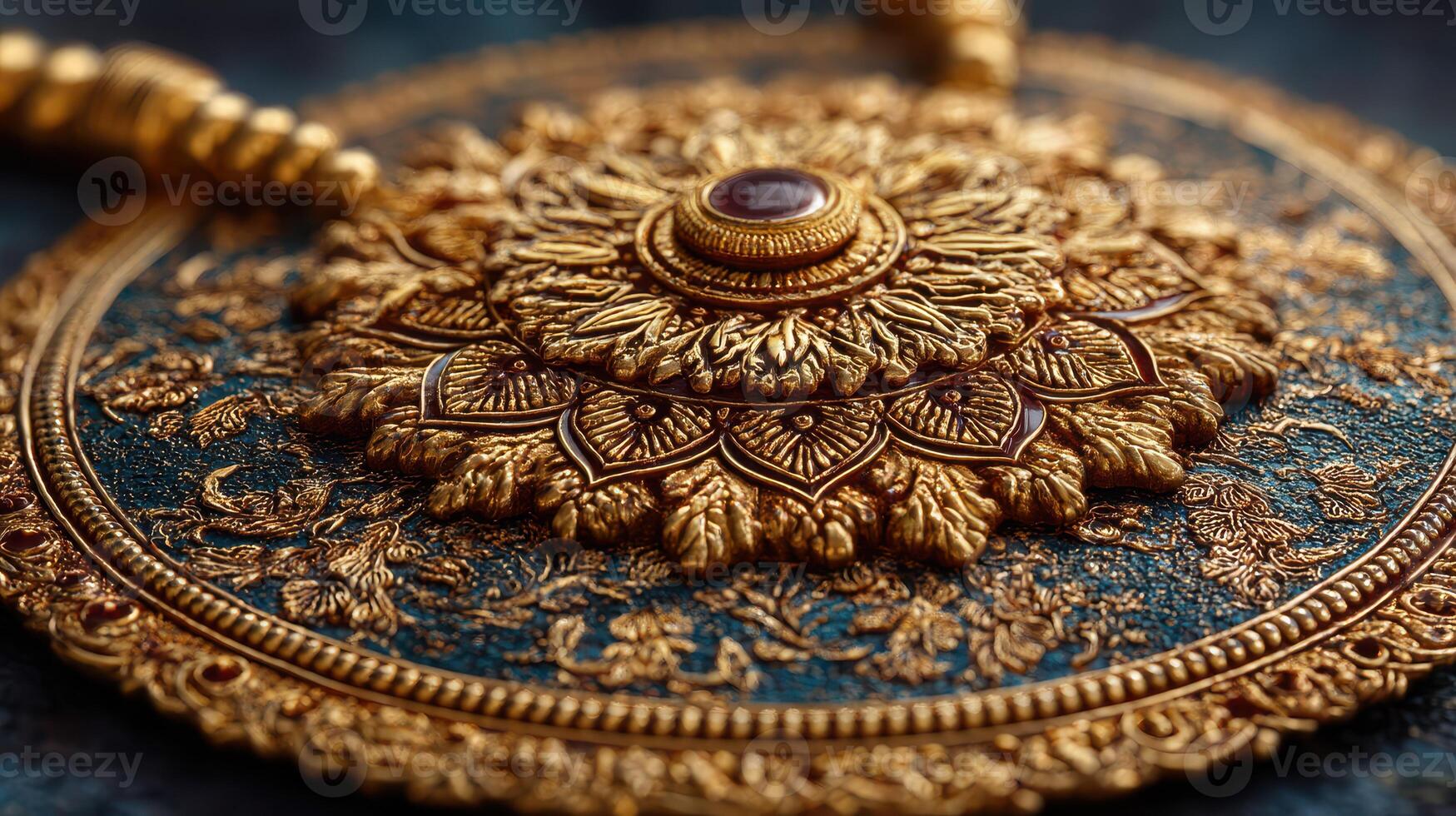Intricate gold ornament showcasing detailed craftsmanship on a dark textured background photo