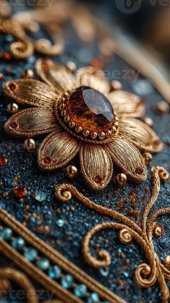 Intricate golden flower design embellished with gemstones on a textured blue background photo