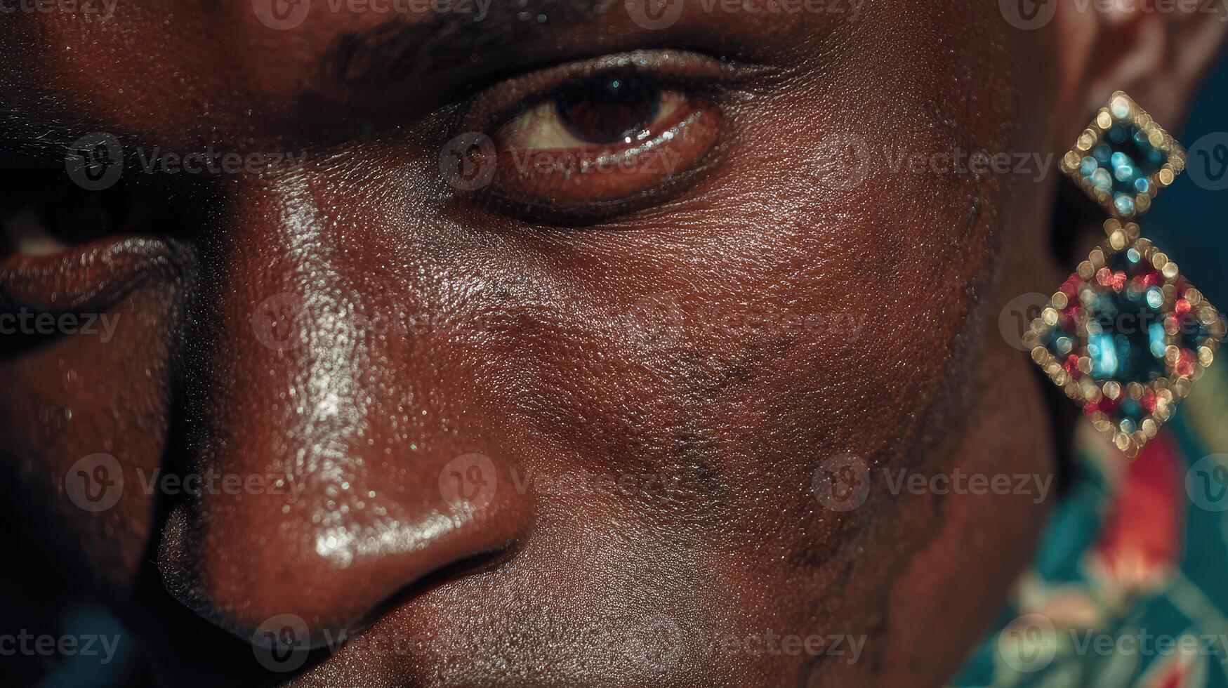 Close-up portrait showcasing unique facial features and fashion accessories worn by a male model in a vibrant setting photo