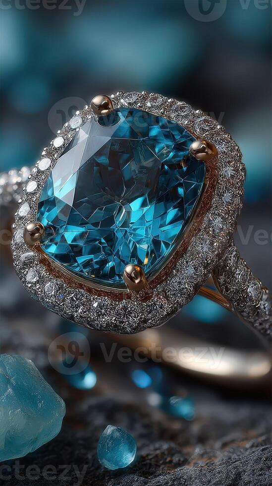 Beautifully designed turquoise ring with sparkling diamonds displayed on a textured surface photo