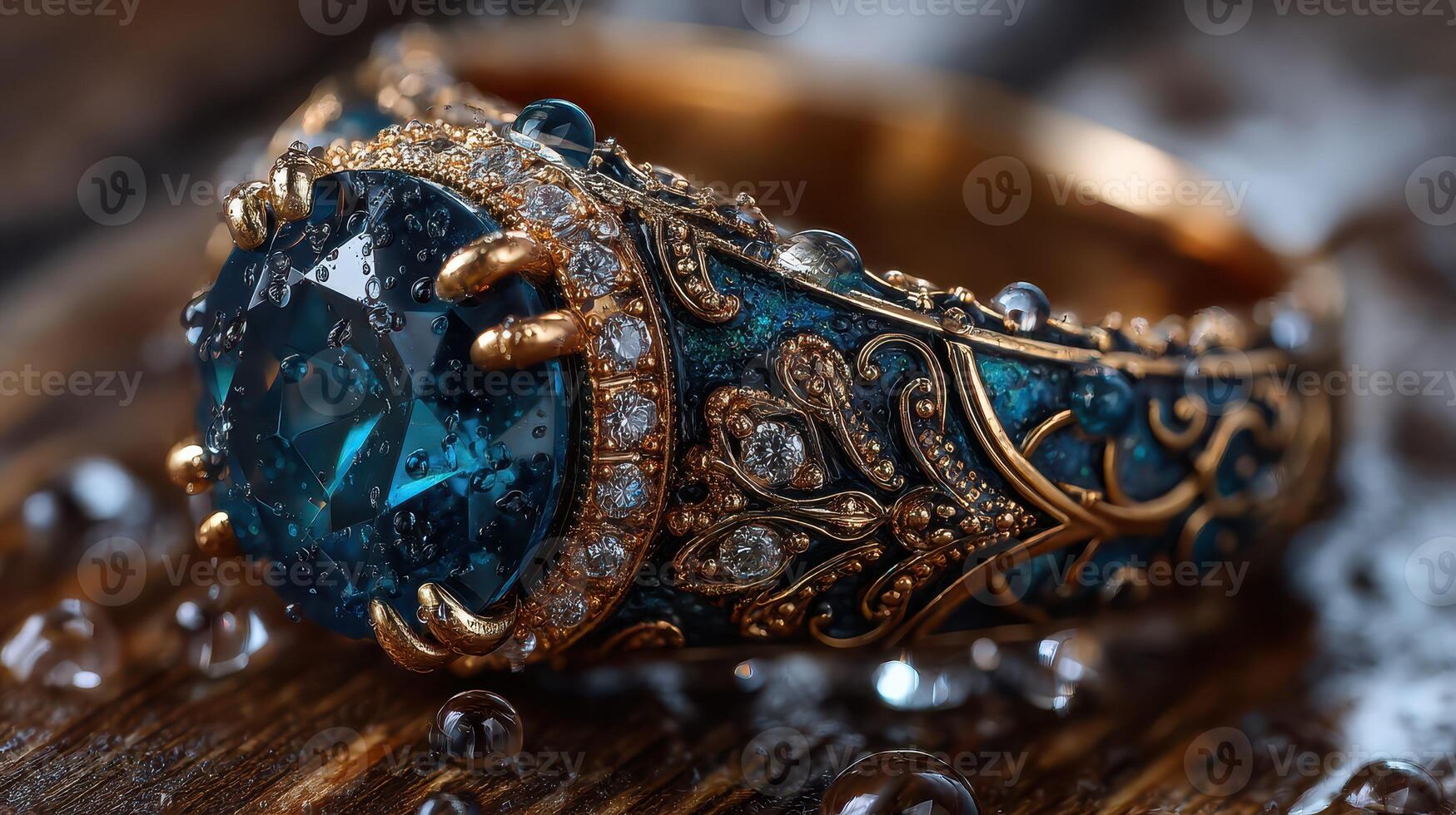 Intricate golden ring adorned with blue gemstone and sparkling diamonds on a wooden surface photo