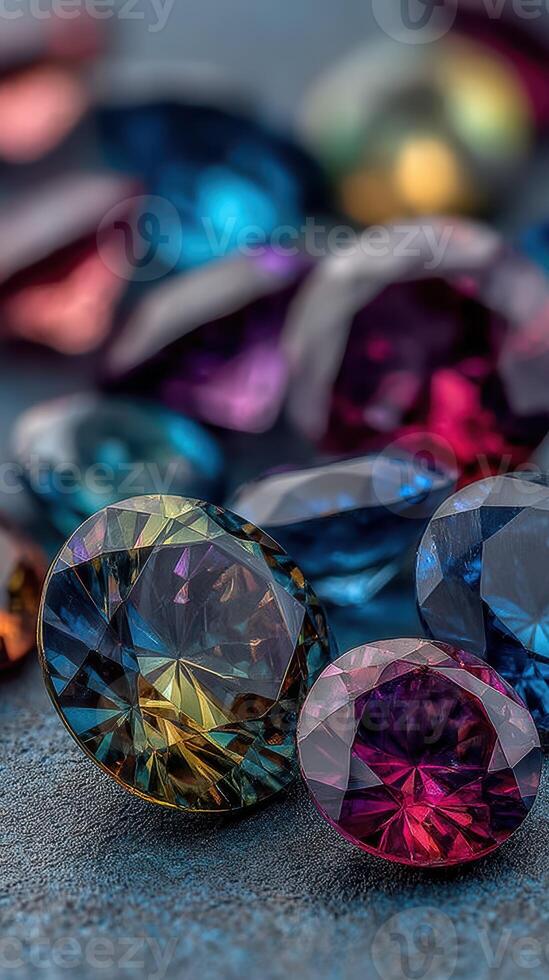 Colorful gemstones scattered on a textured surface capturing light in an intricate display of brilliance and clarity photo