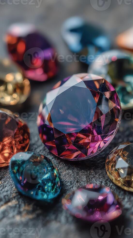 Colorful gemstones display bright reflections under soft light, showcasing their unique cuts and hues in a close-up view photo