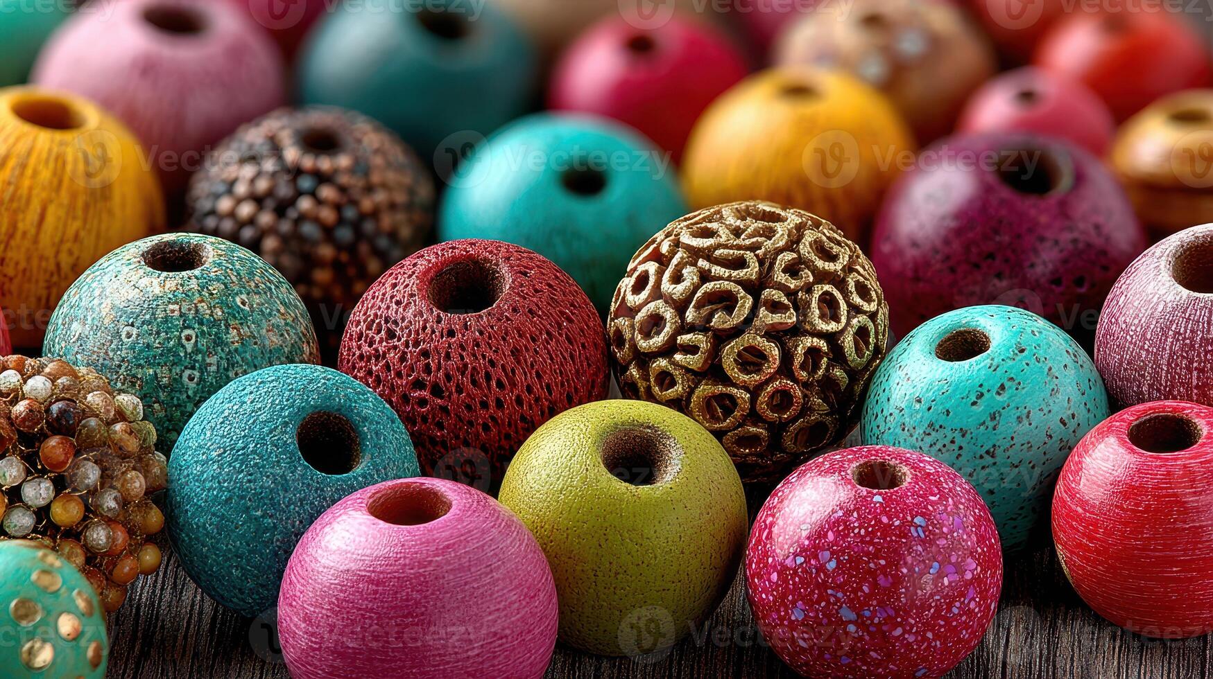 Colorful assortment of handmade wooden beads on a textured surface captured in natural light photo