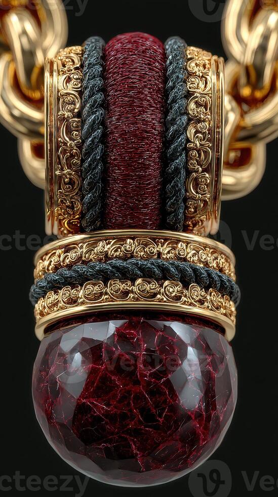 Elegant jewelry piece featuring intricate design details and a striking red gemstone photo