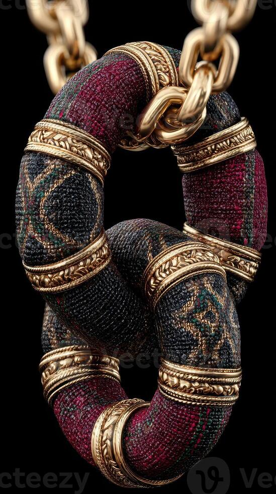 Unique decorative chain made from textured materials showcases intricate design and bold colors photo
