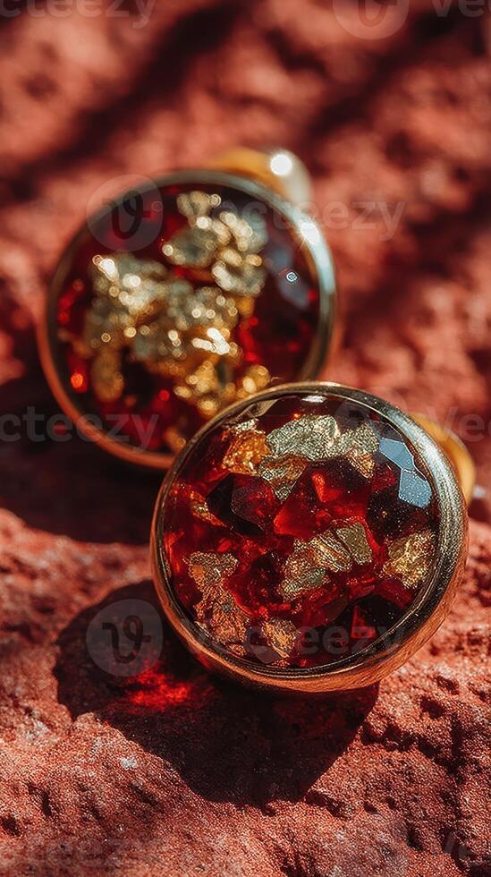 Beautiful red and gold resin earrings resting on textured earth-toned surface in natural light photo