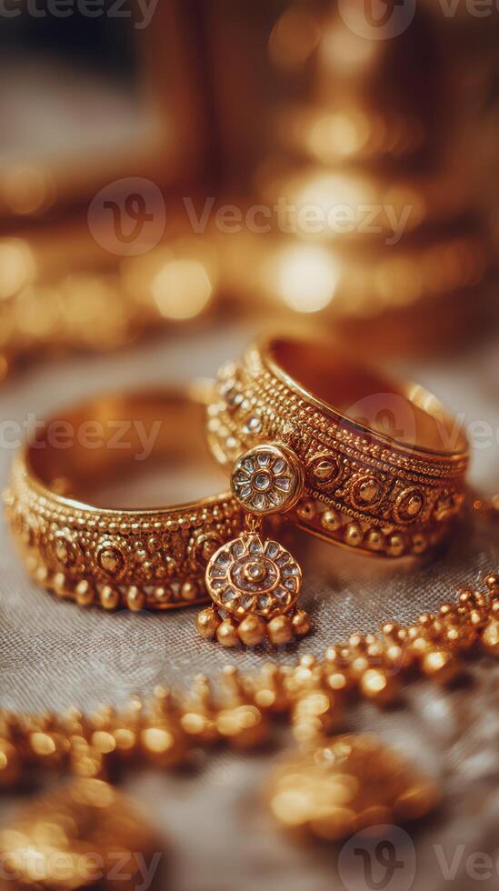 Elegant traditional gold jewelry displayed on a decorative surface during an afternoon gathering photo