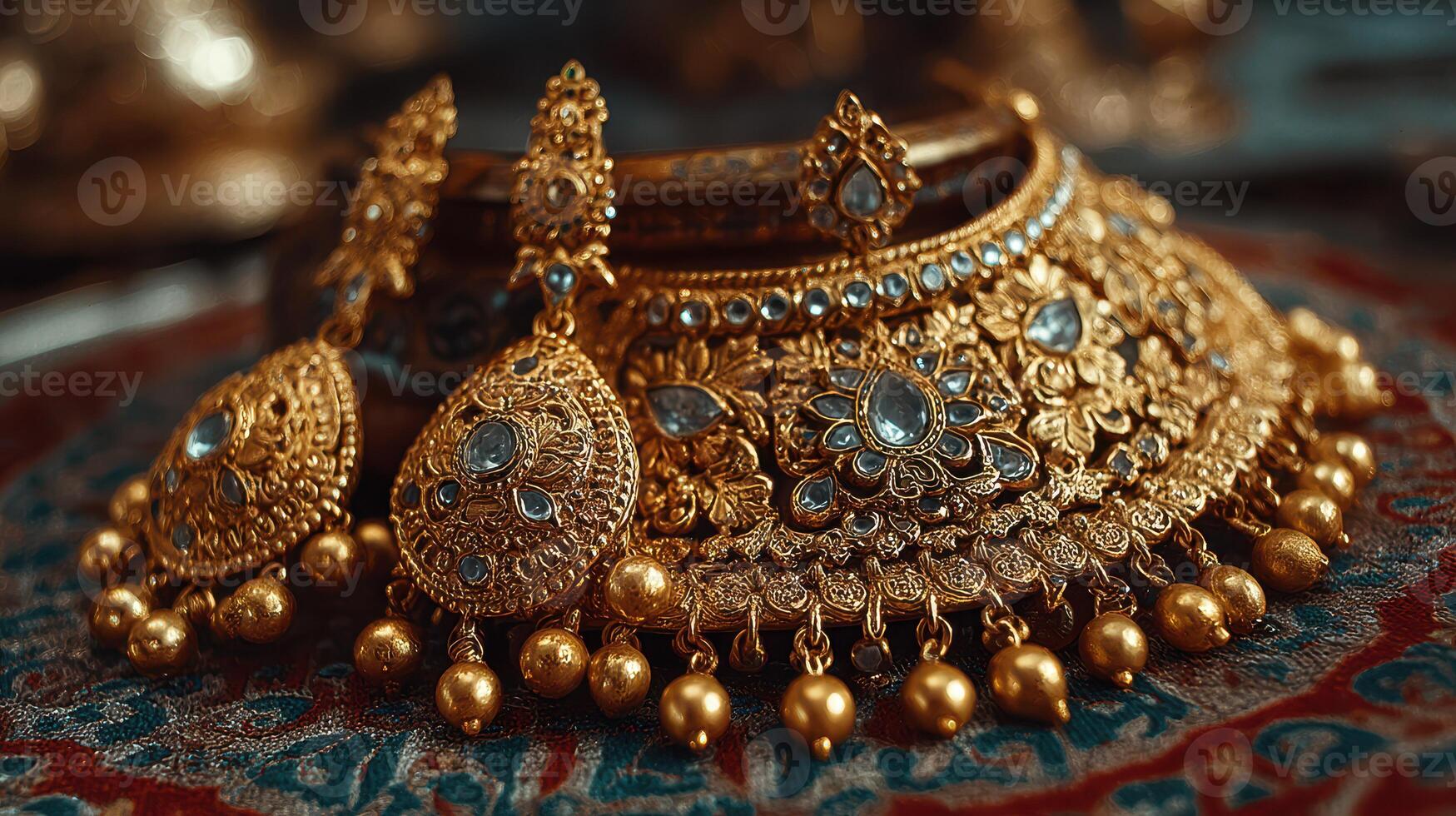 Exquisite gold jewelry set featuring intricate design and vibrant gemstones displayed in a traditional setting photo