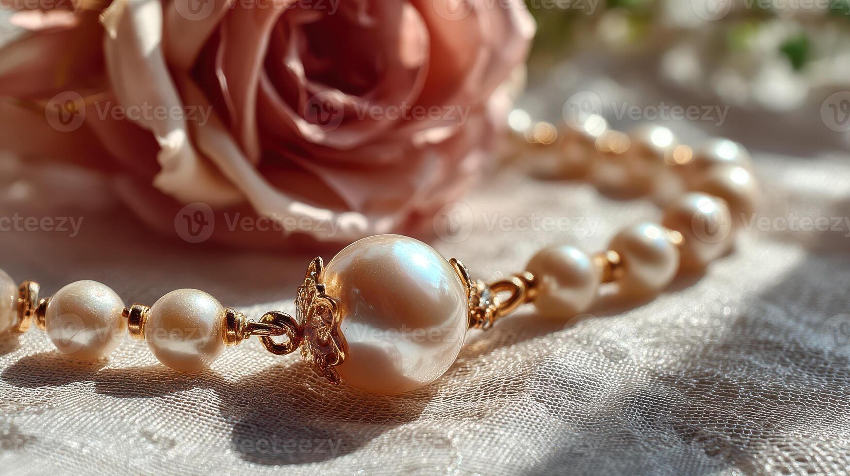 Elegant pearl bracelet placed on delicate fabric with a soft rose in the background featuring a warm, natural light setting photo