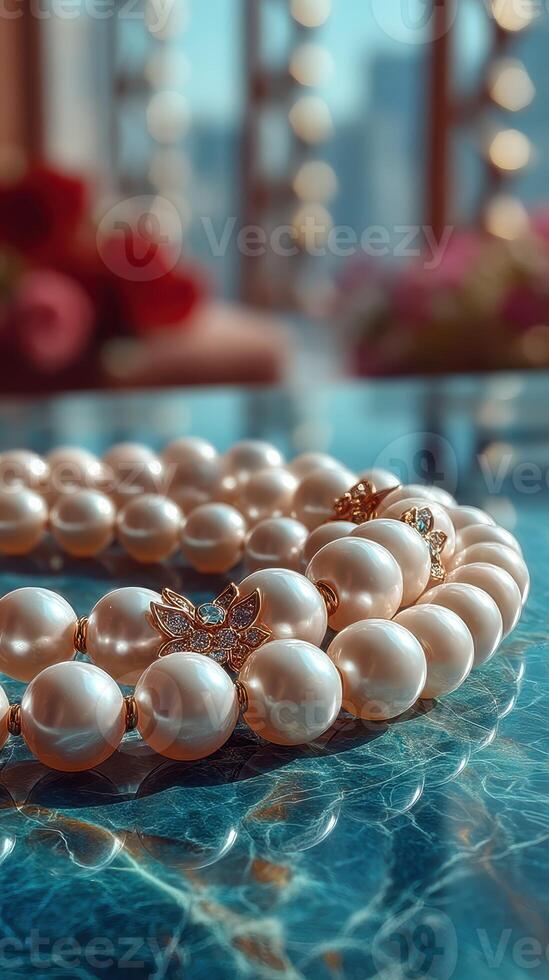 Exquisite pearl necklace with intricate design resting on luxurious surface in elegant indoor setting during daylight photo